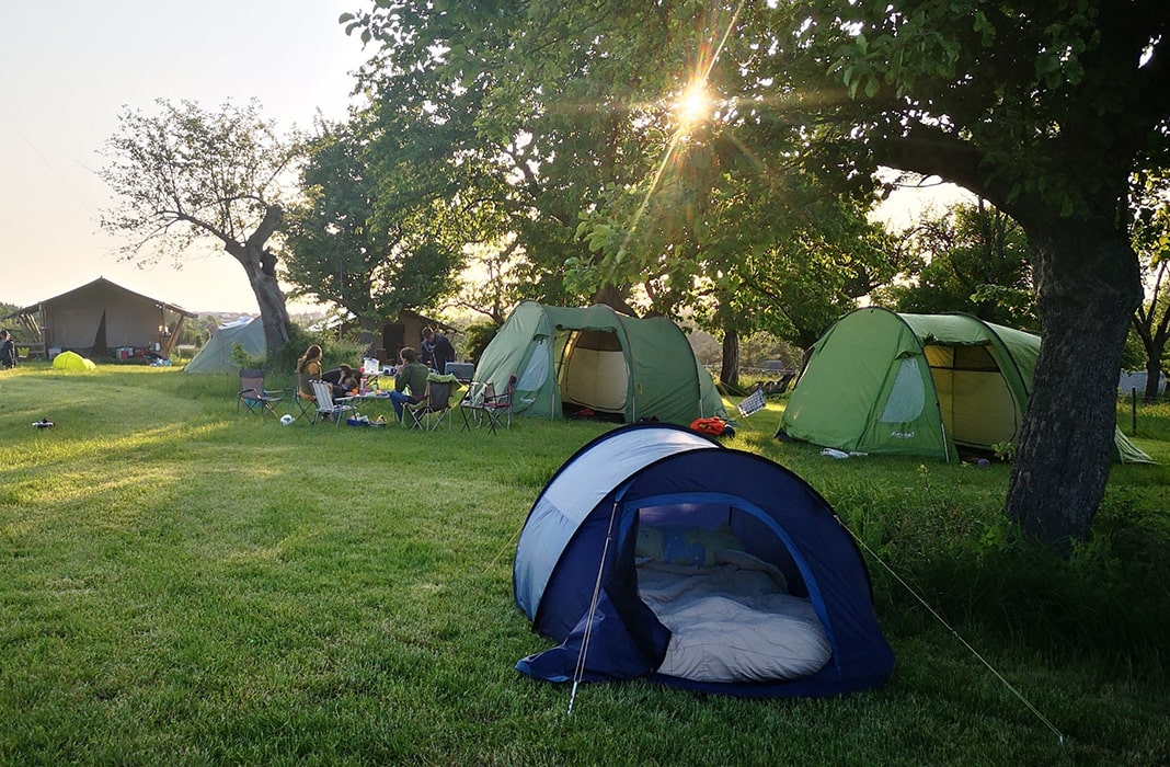 Zelte und Campingstühle unter Bäumen auf einer Wiese auf dem Campingplatz MiO in Ottendorf bei Chemnitz. Im Vordergrund ein geöffnetes kleines Zelt, im Hintergrund weitere Zelte und ein festes Zelthaus.