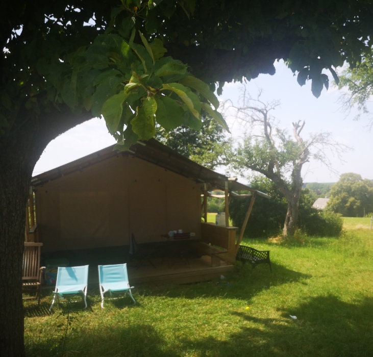 Zelt mit Holzterrasse im Schatten eines Baums, davor zwei Liegestühle auf einer Wiese